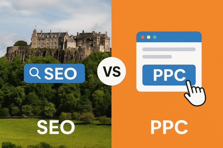 SEO vs PPC comparison graphic showing Stirling Castle for SEO and a PPC ad illustration for pay-per-click advertising